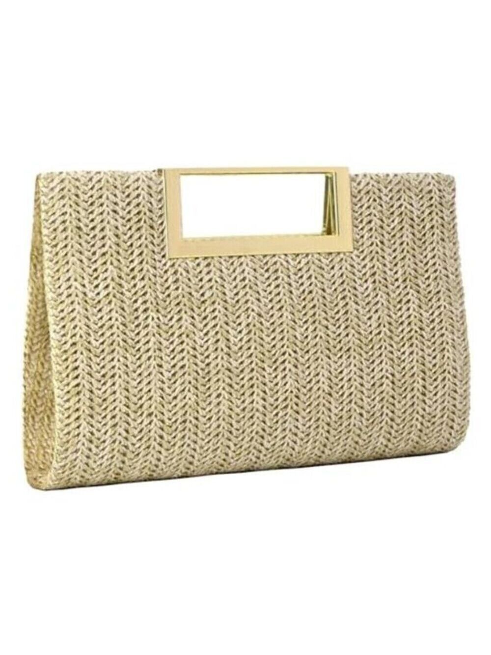 Straw Raffia Woven Clutch Handbag Beige Crossbody Purse with Gold Chain